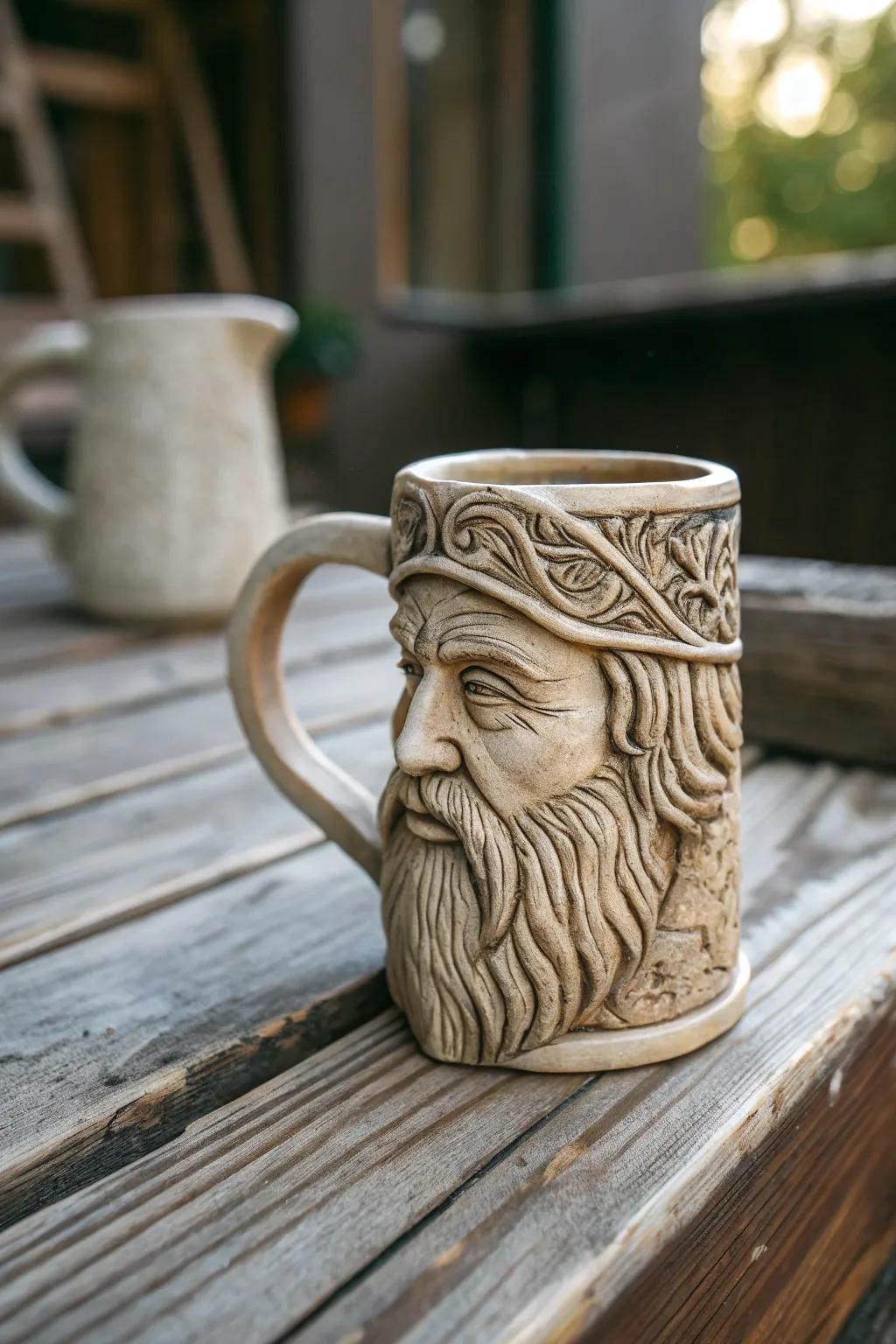 A sculpted face mug with detailed intricacies, ideal for those who appreciate art.