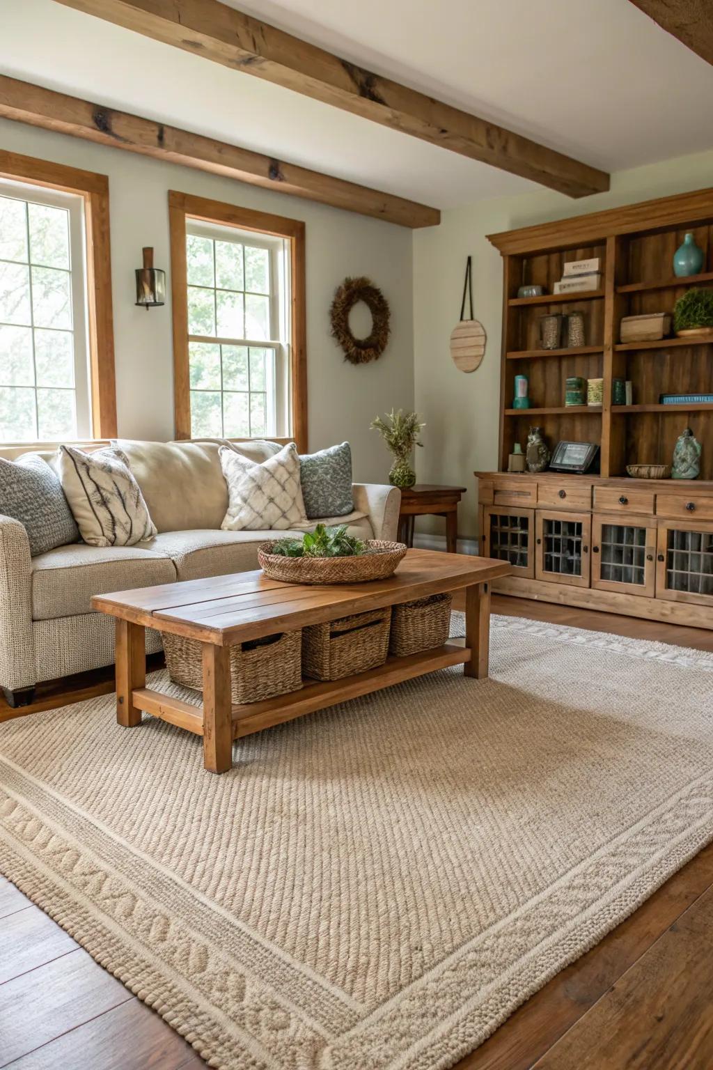 A neutral area rug provides a calming backdrop in a farmhouse living space.