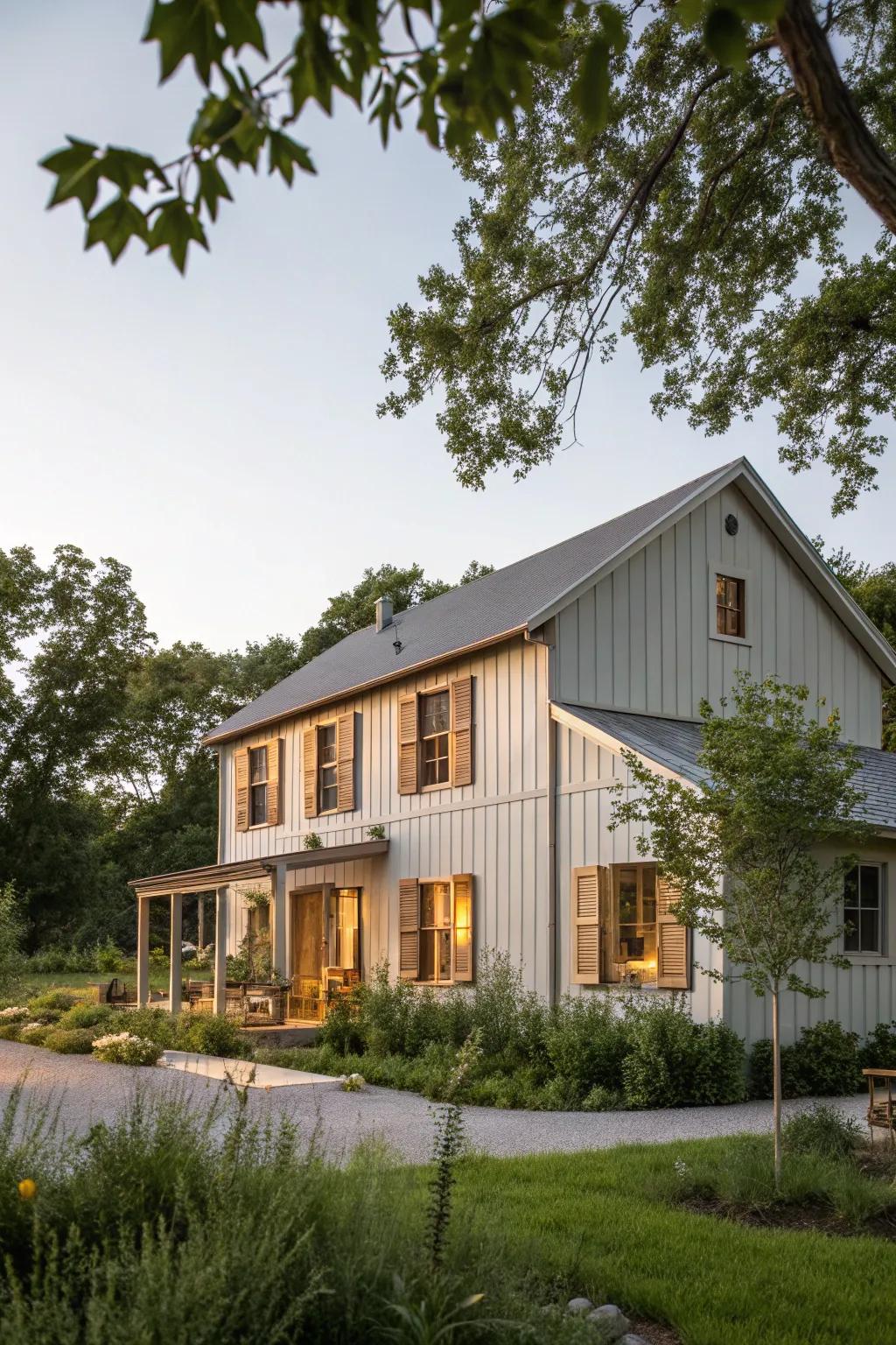 A modern farmhouse in soothing gray tones with wooden accents.