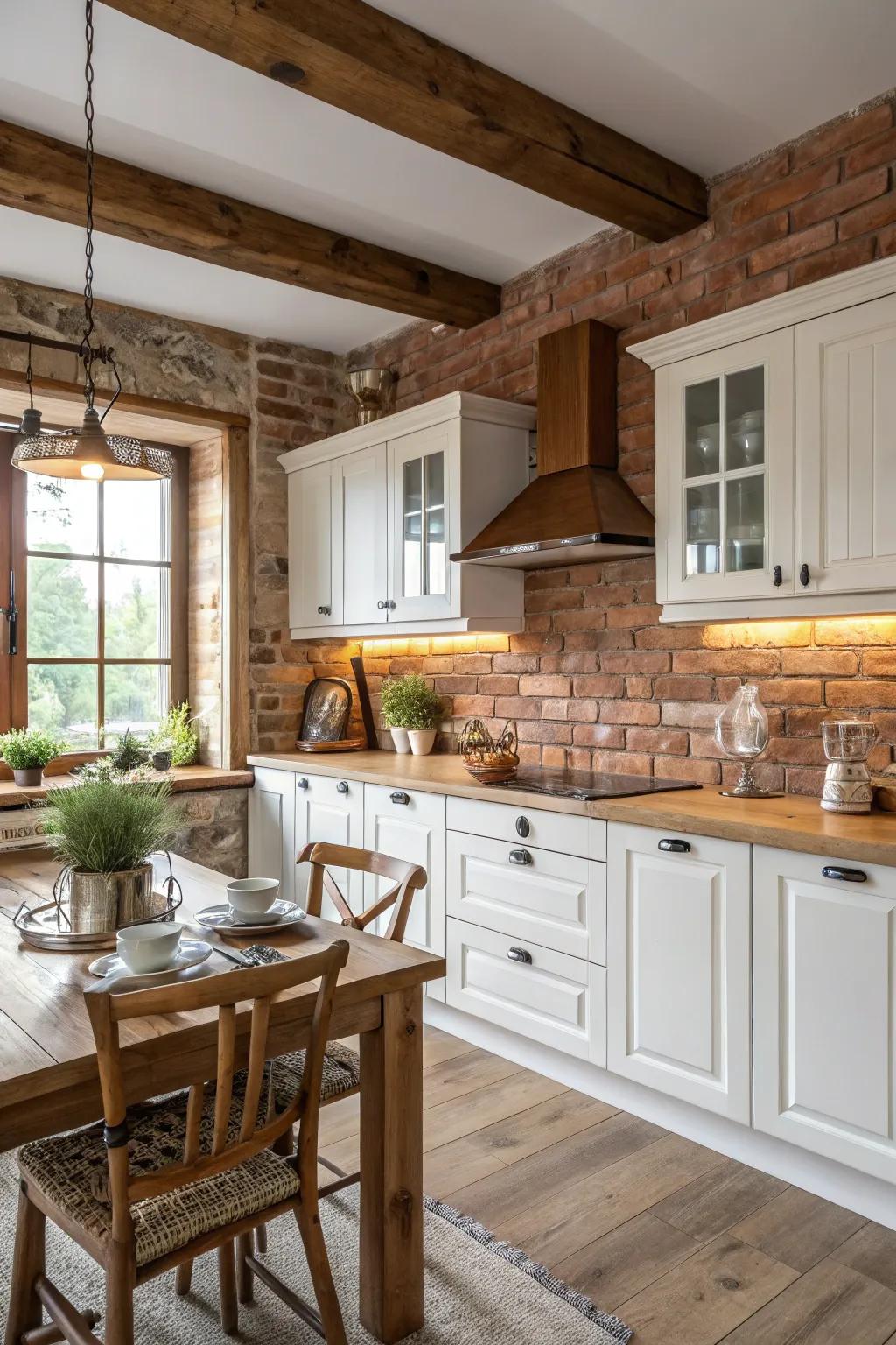 A countryside stone facade backsplash delivers warmth and comparison to white cabinets within this warm kitchen.