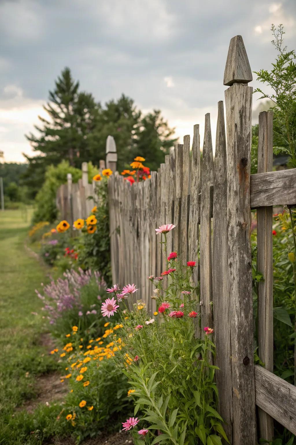 A rustic fence fashioned from recycled timber enriches with charm and promotes sustainability.