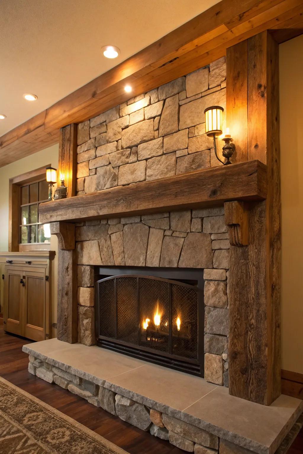 Add rustic charm with a reclaimed wood mantel.