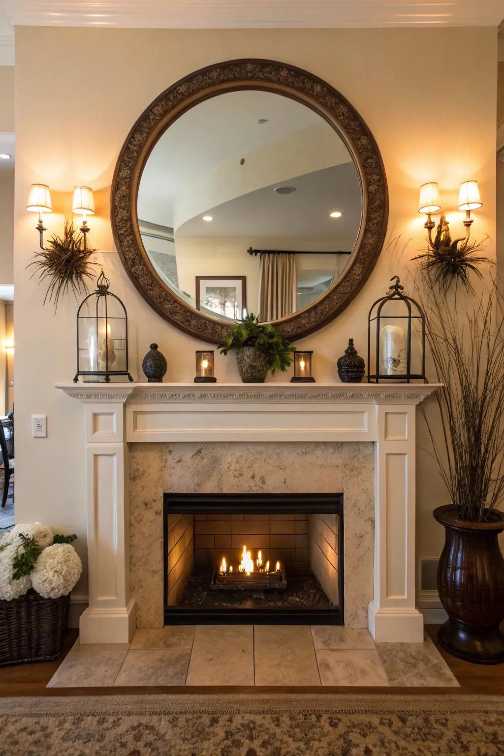A fashionable circular mirror adds depth to the mantel's design.