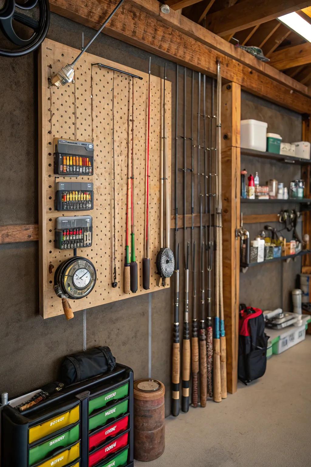 Pegboard setup for adaptable gear storage.