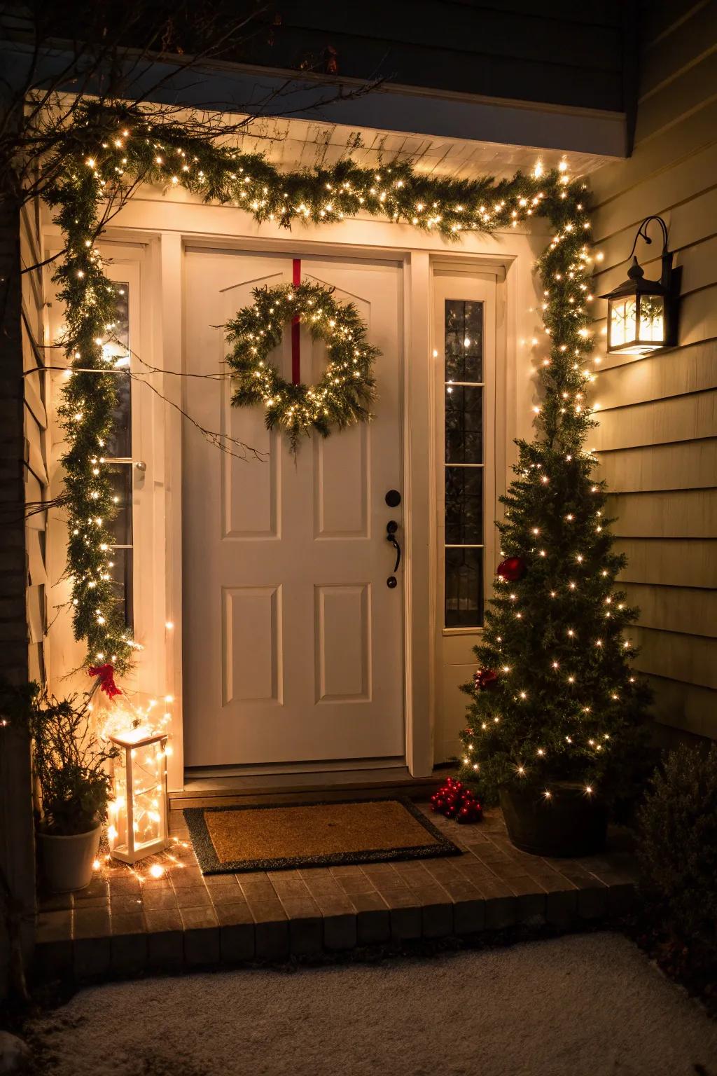 Twinkling lights garland around the doorframe.