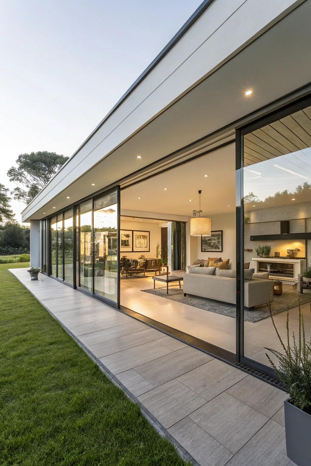 A modern home featuring large glass doors that brighten the interior.