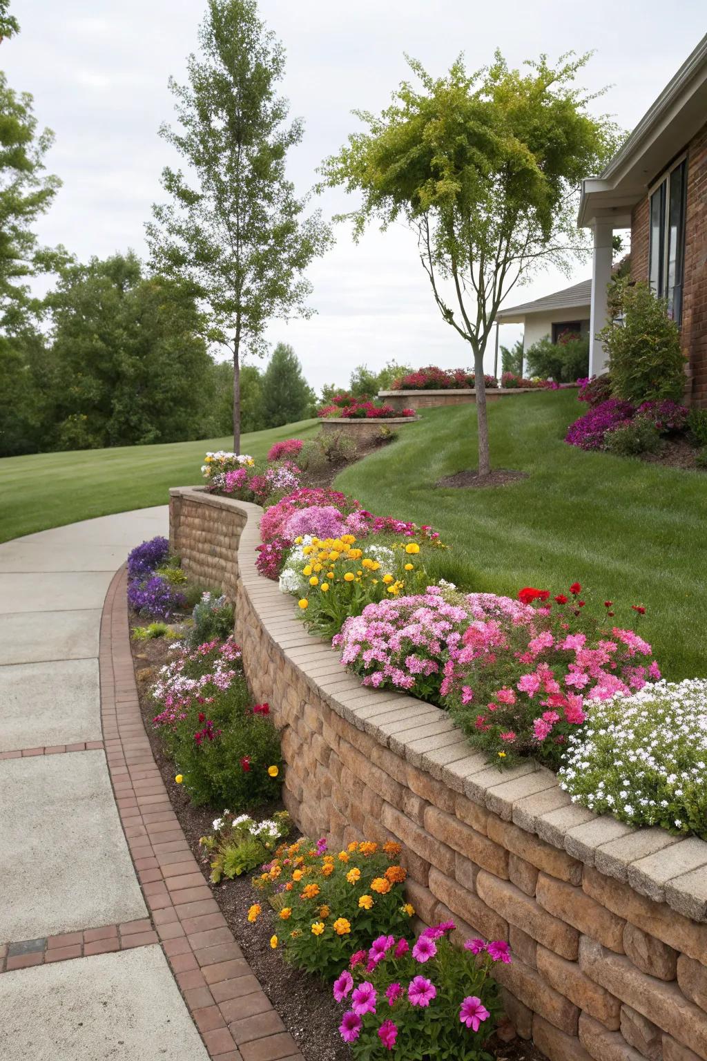 A sturdy brick retaining wall elevates the garden's elegance.