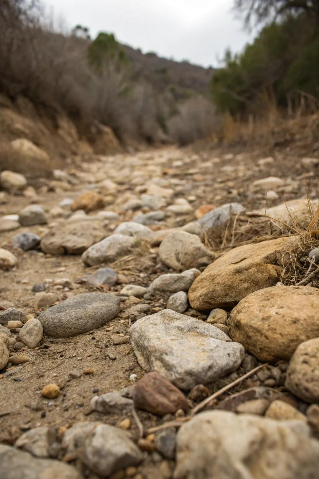 Mix different rock textures for a rich, layered effect in your dry creek bed.