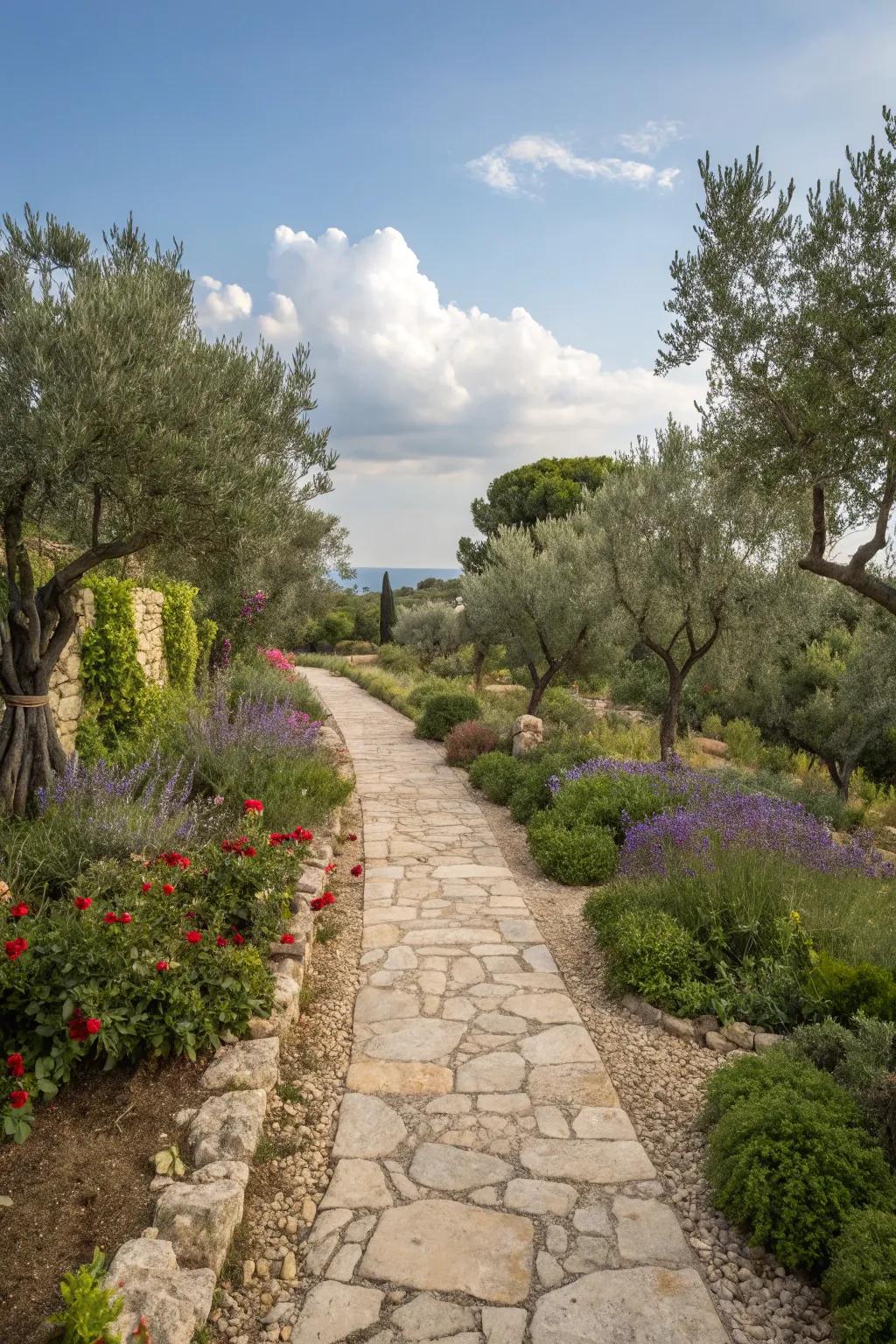 A rustic stone and gravel pathway adds traditional charm to this front yard.