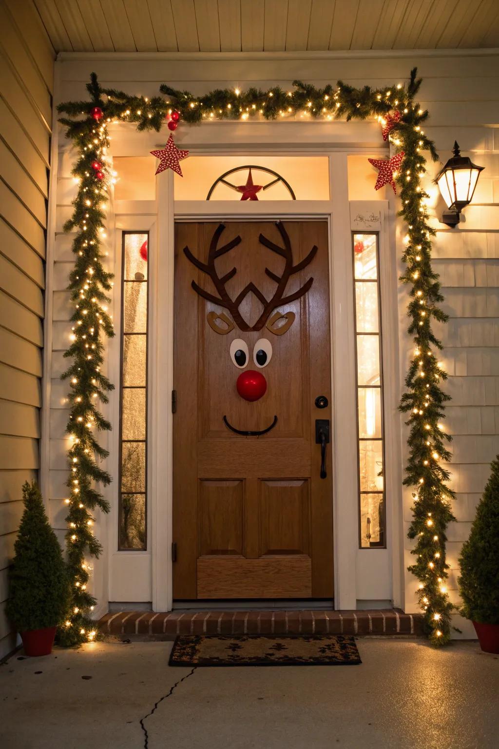 Rudolph's antlers and red nose make for a playful and inviting Christmas door decoration.