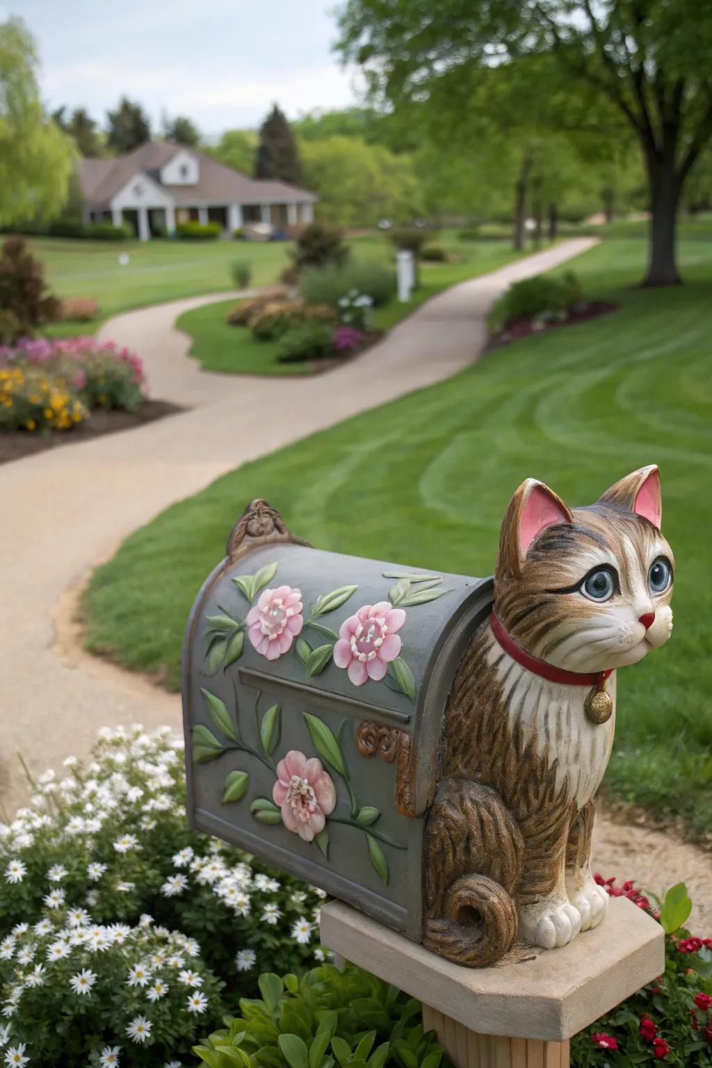 A charming cat-shaped mailbox that adds a touch of whimsy to the garden.