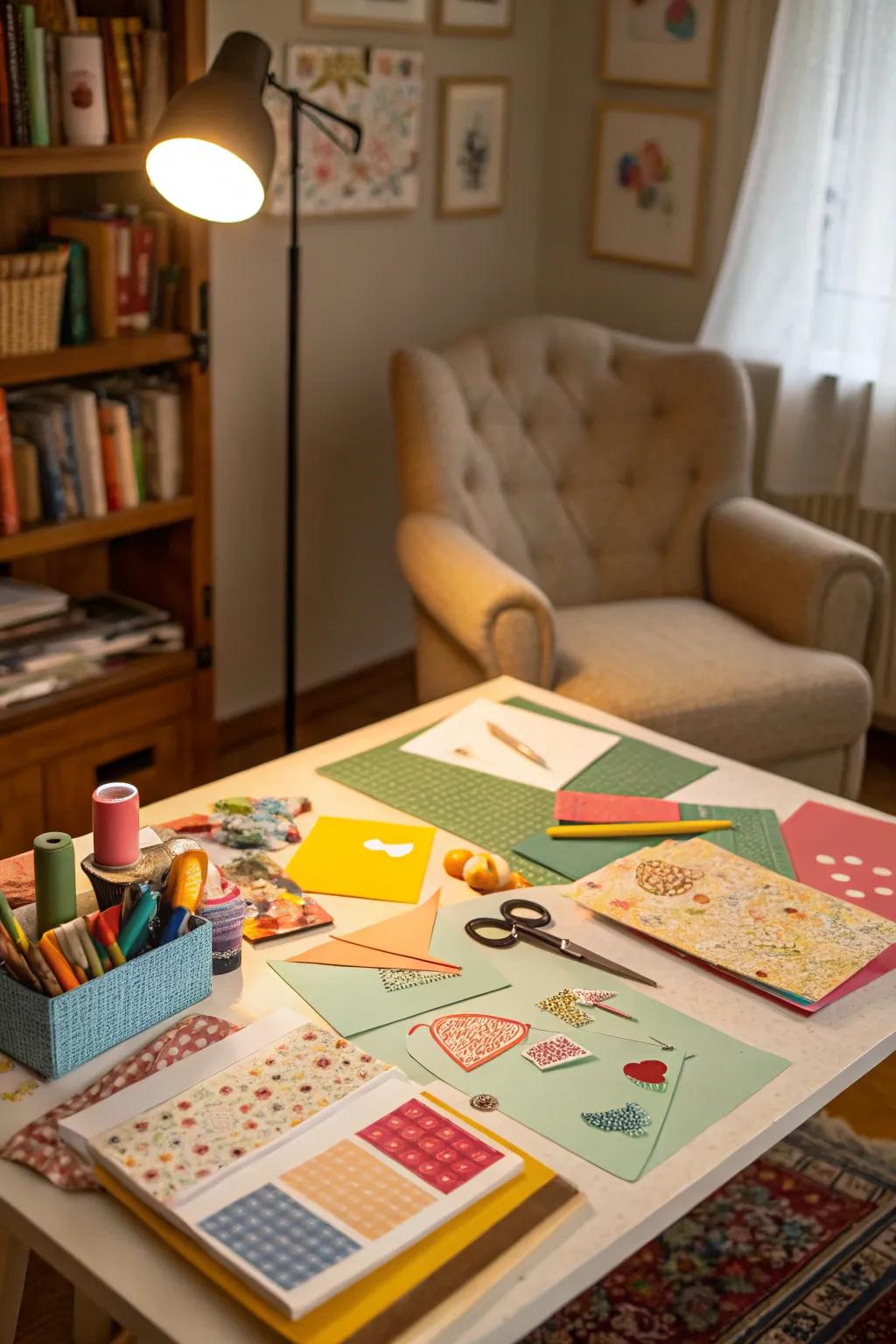 An inviting DIY crafting area for creating custom Galentine's Day decorations.
