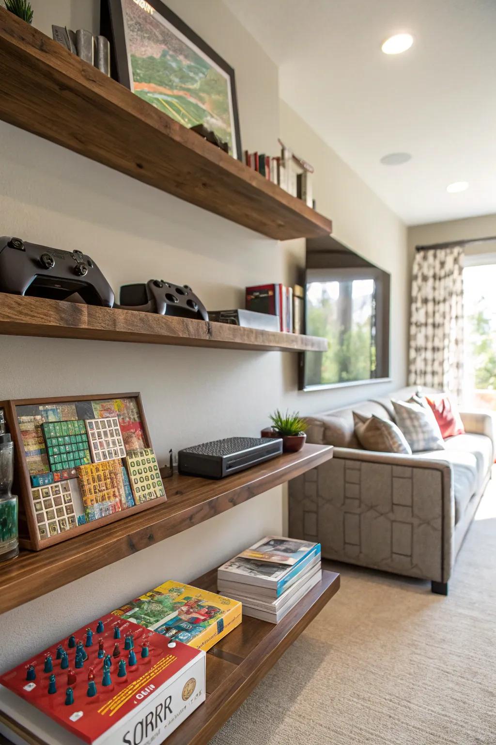 Floating shelves provide both storage and style in a gaming setup.