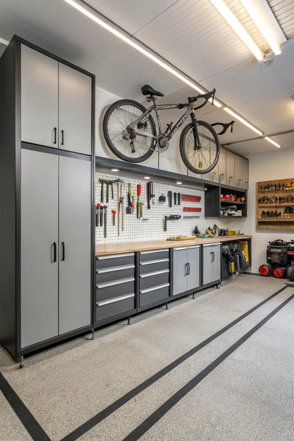 Bespoke cabinets keep your garage both organized and visually appealing.