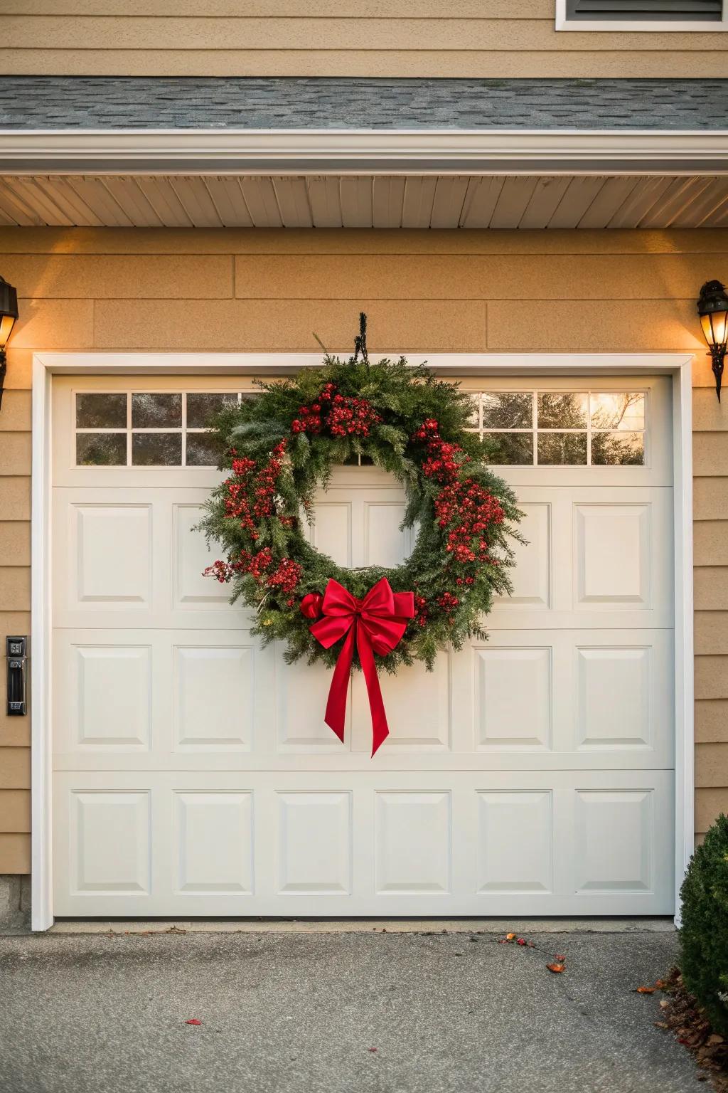 A quintessential Christmas garland displayed on a garage door.