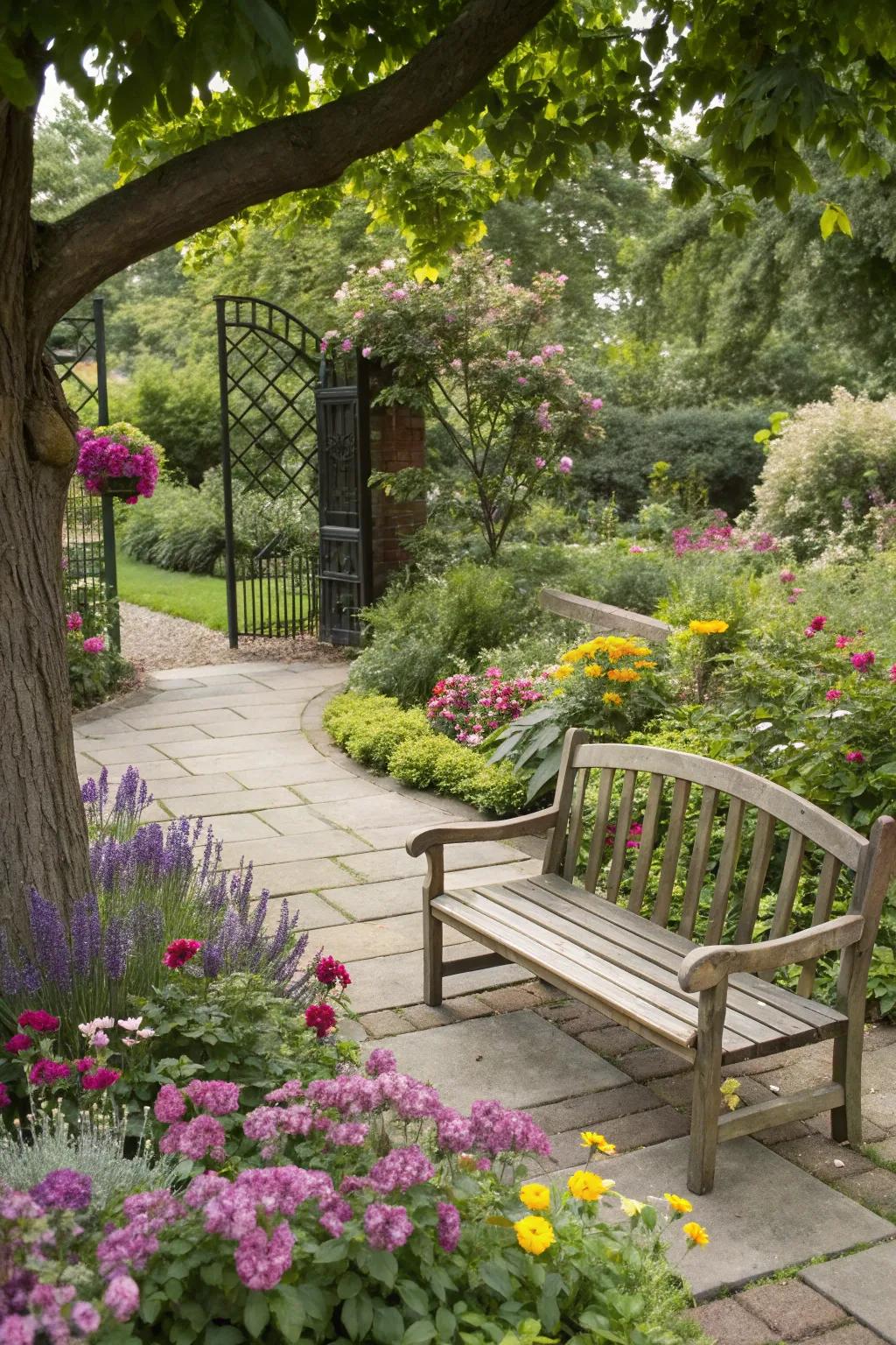 A cozy garden seating area with a wooden bench surrounded by vibrant blooms.