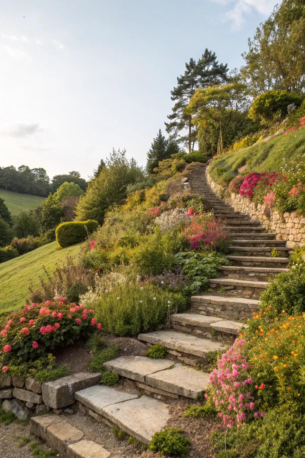Stairways blend smoothly into a garden slope for straightforward navigation and visual charm.