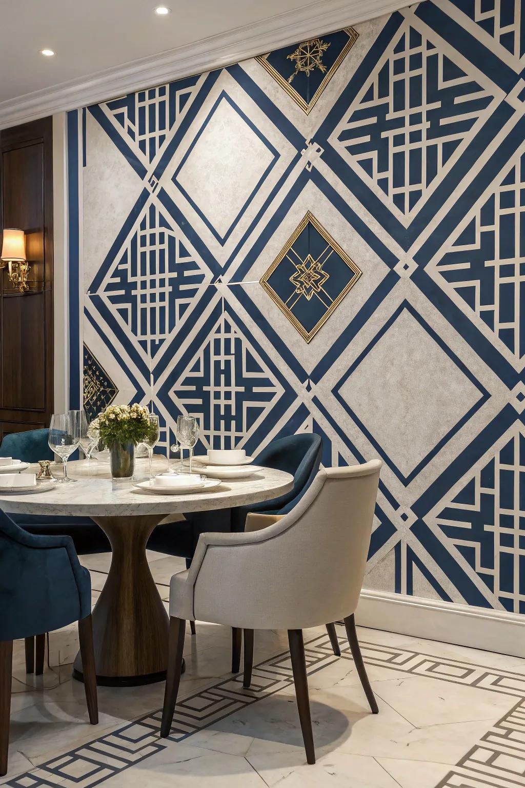 A dining room with bold diamond geometric patterns creating a stunning focal point.