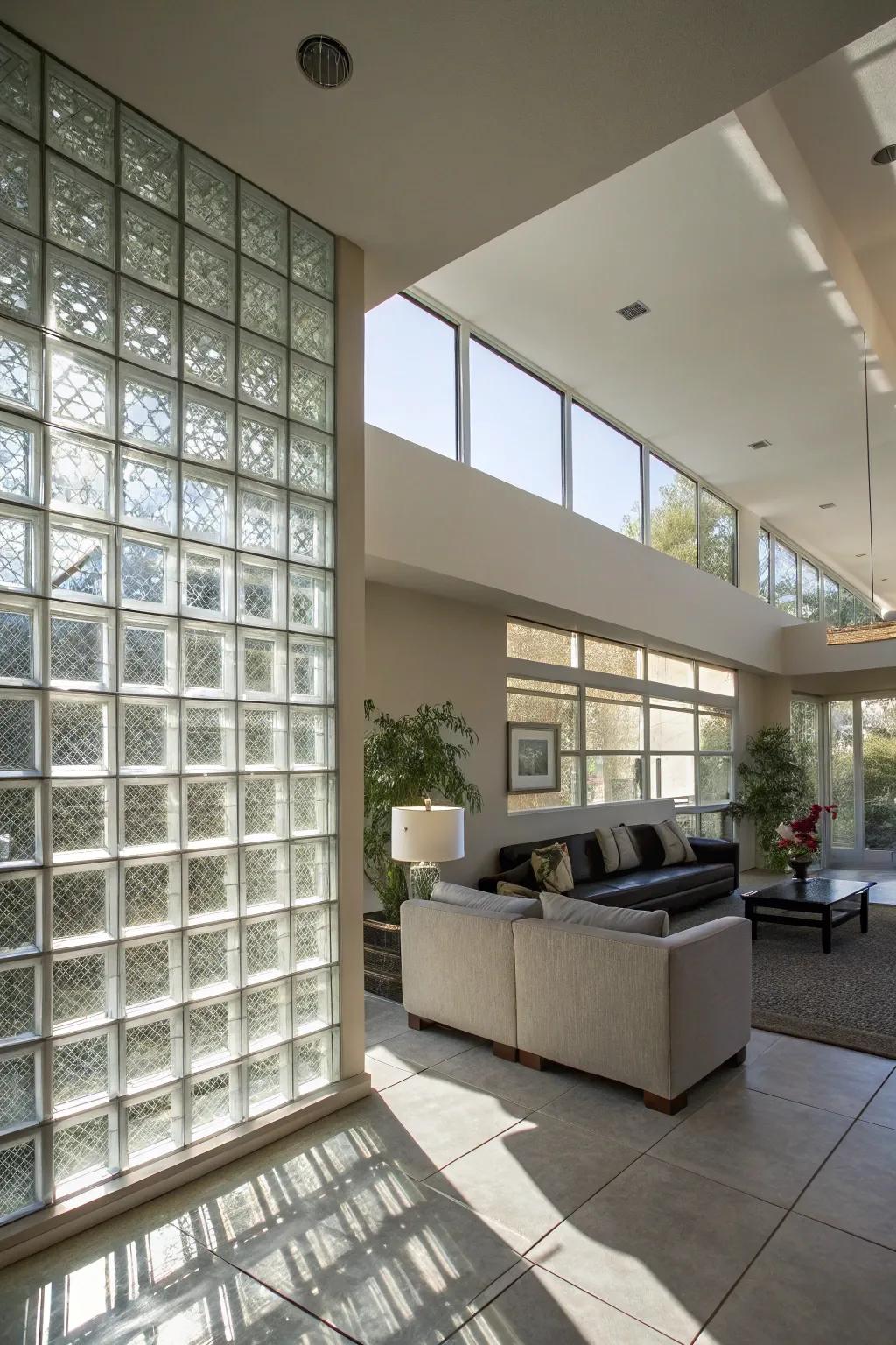 A modern living room showcases a glass block wall, forming a lively center point flooded with natural lighting.