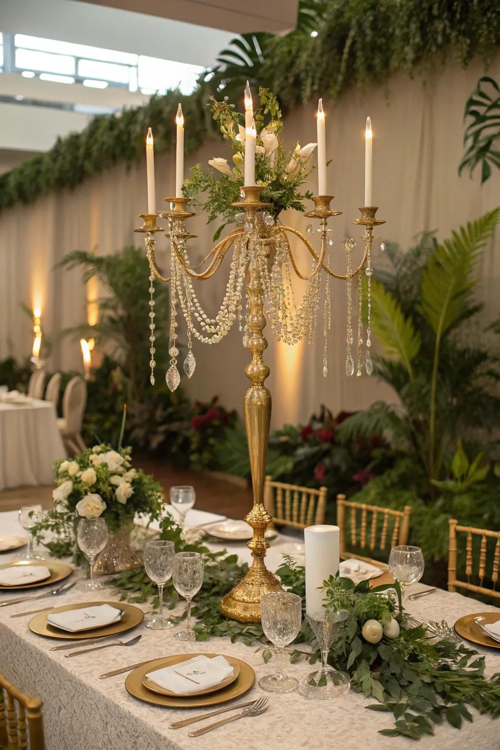 A stunning gold candelabra with crystal accents for a touch of drama.