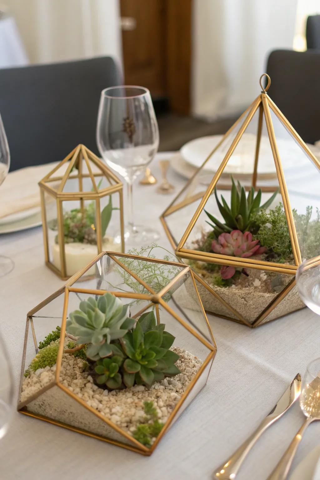 Sophisticated gilded enclosures giving a contemporary spin on classic centerpiece designs.
