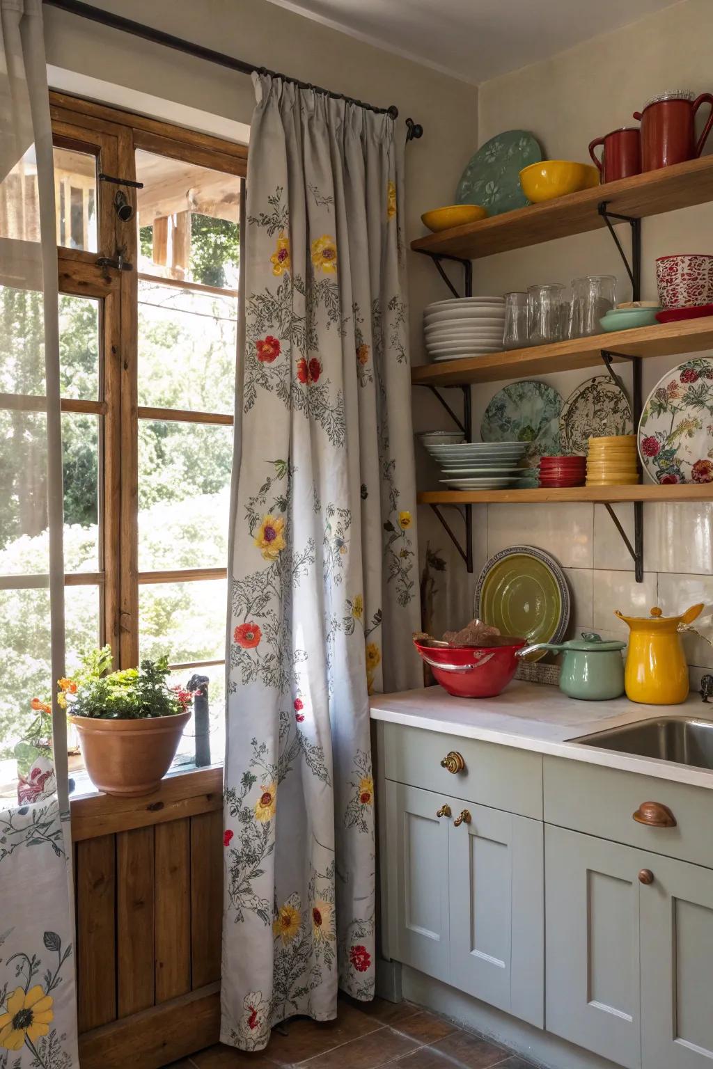 Patterned gray curtains add a splash of personality and style.