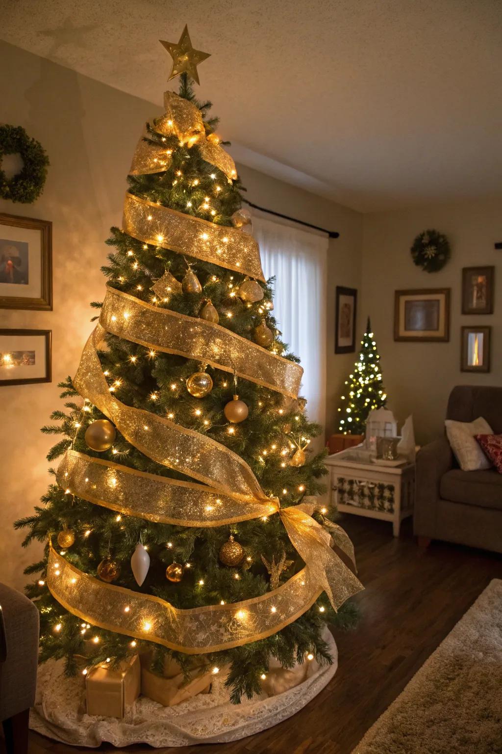 Glamorous gold ribbons enhancing a Christmas tree