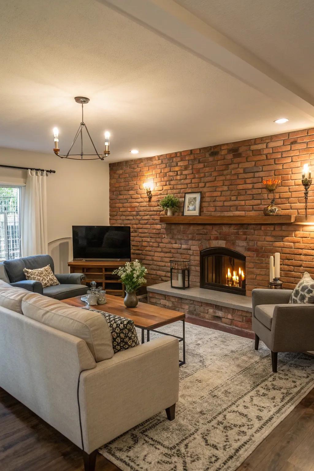 A cozy living room featuring a half brick wall and inviting decor.