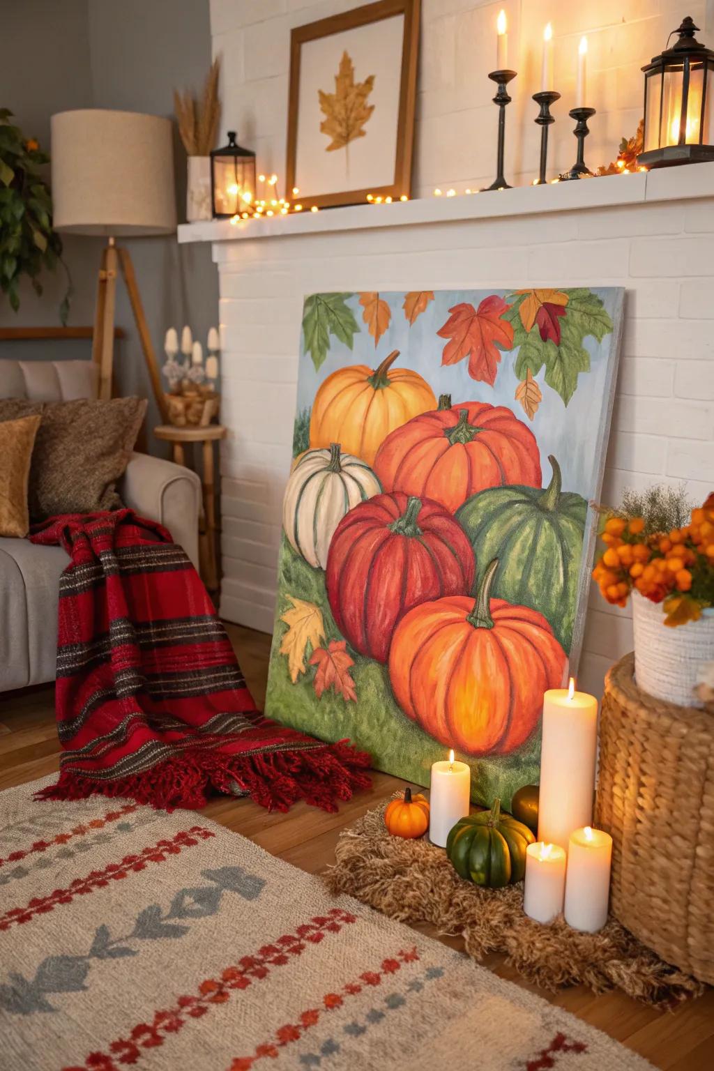 Whimsical pumpkin patch art brightens up any space