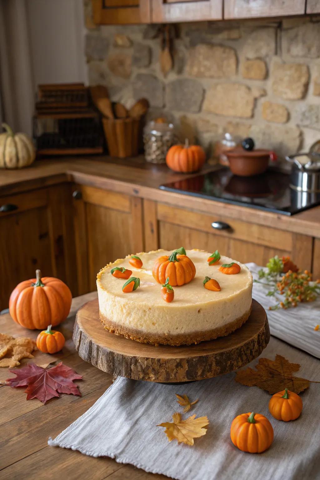 A captivating gourd garden gracing your Halloween cheesecake.
