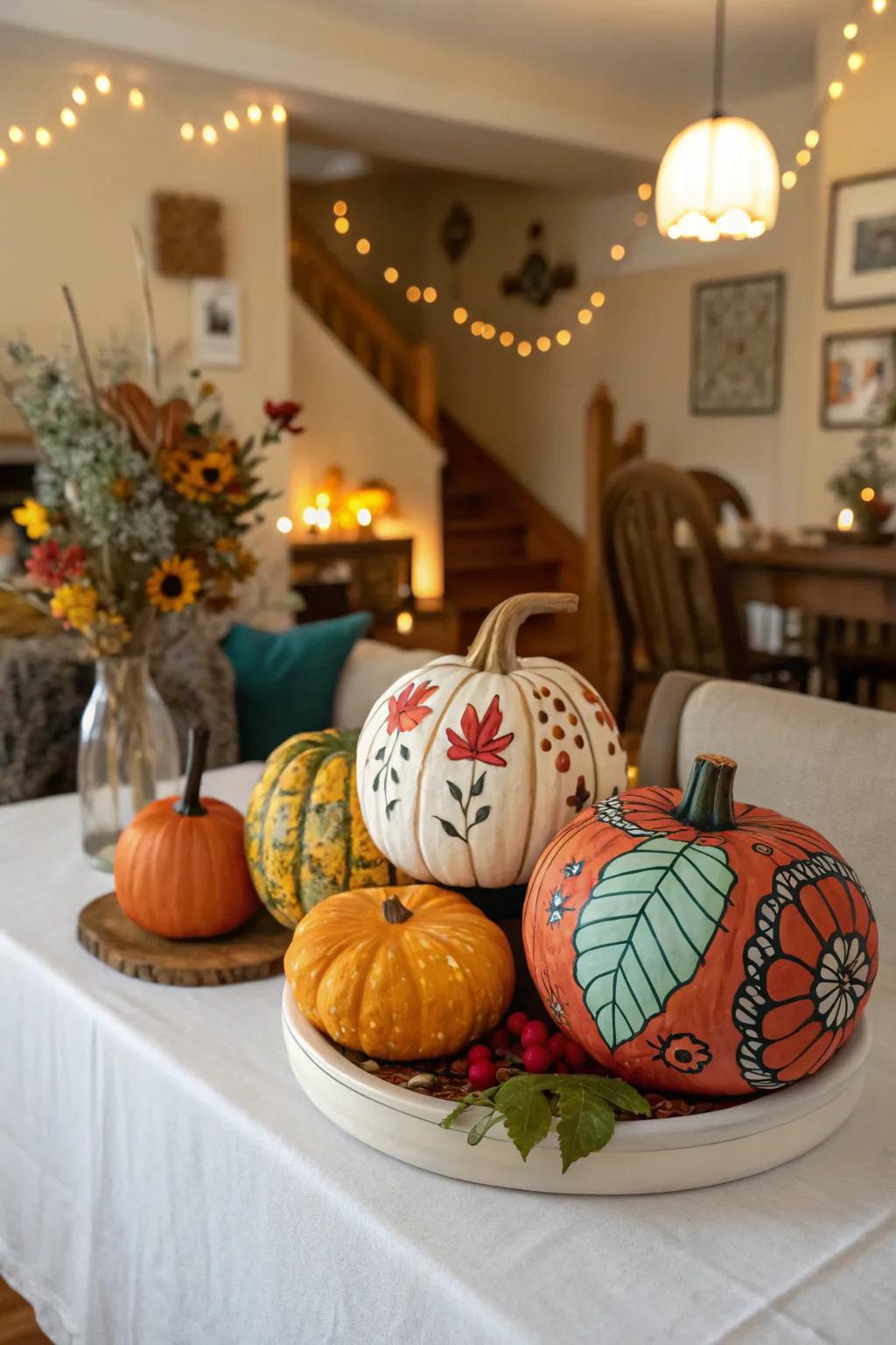 An array of carved and painted gourds crafting a delightful table centerpiece