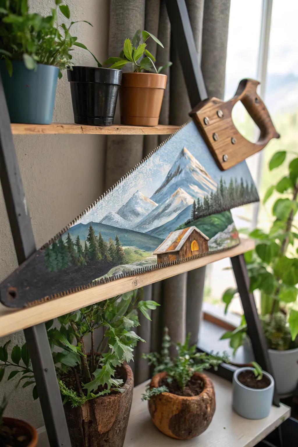 A handsaw transformed into a tranquil mountain vista painting.