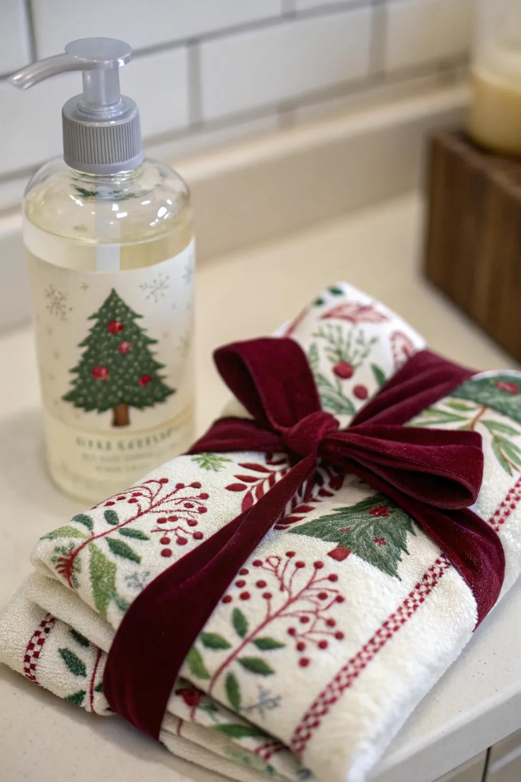 A delightful pairing of hand soap and tea towel, perfect for gifting.