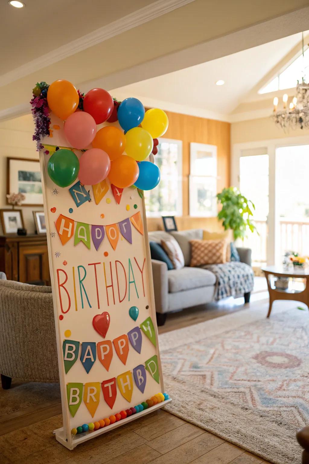 A lively birthday board adorned with colorful balloons.