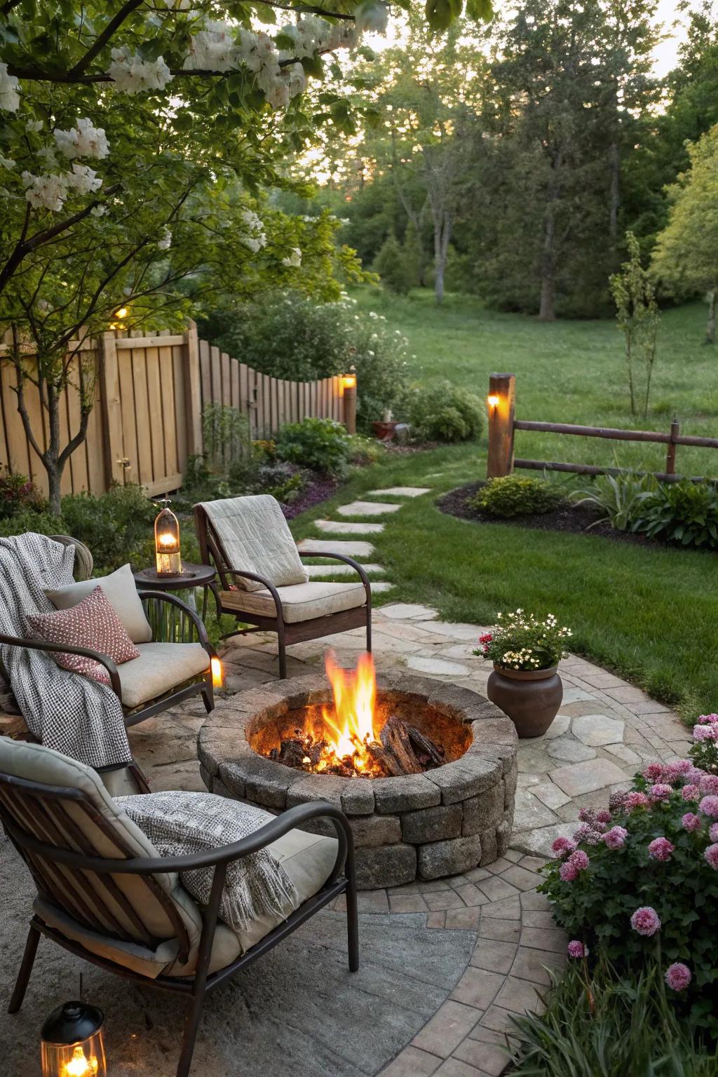 A cozy fire pit is perfect for evening gatherings.