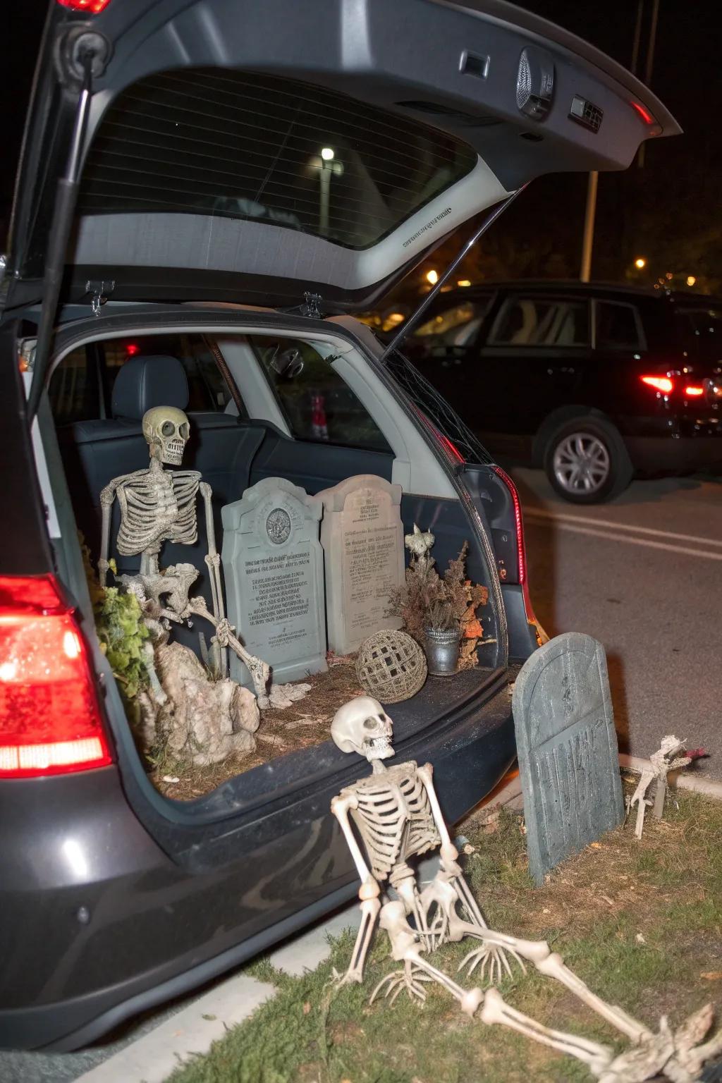 Pose skeletons and tombstones for a chilling graveyard trunk display.