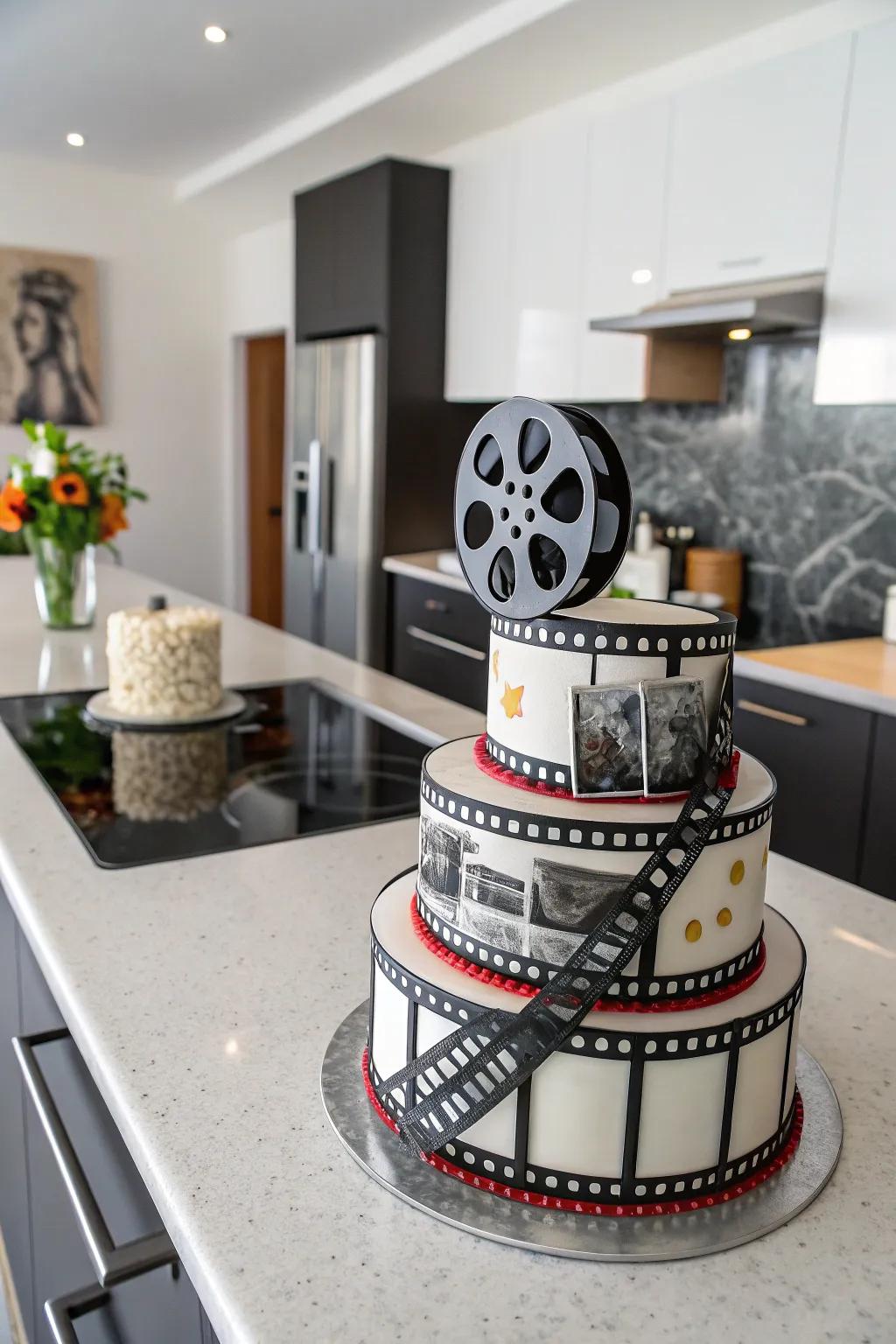 Intricate movie reel designs add a cinematic touch to this cake.