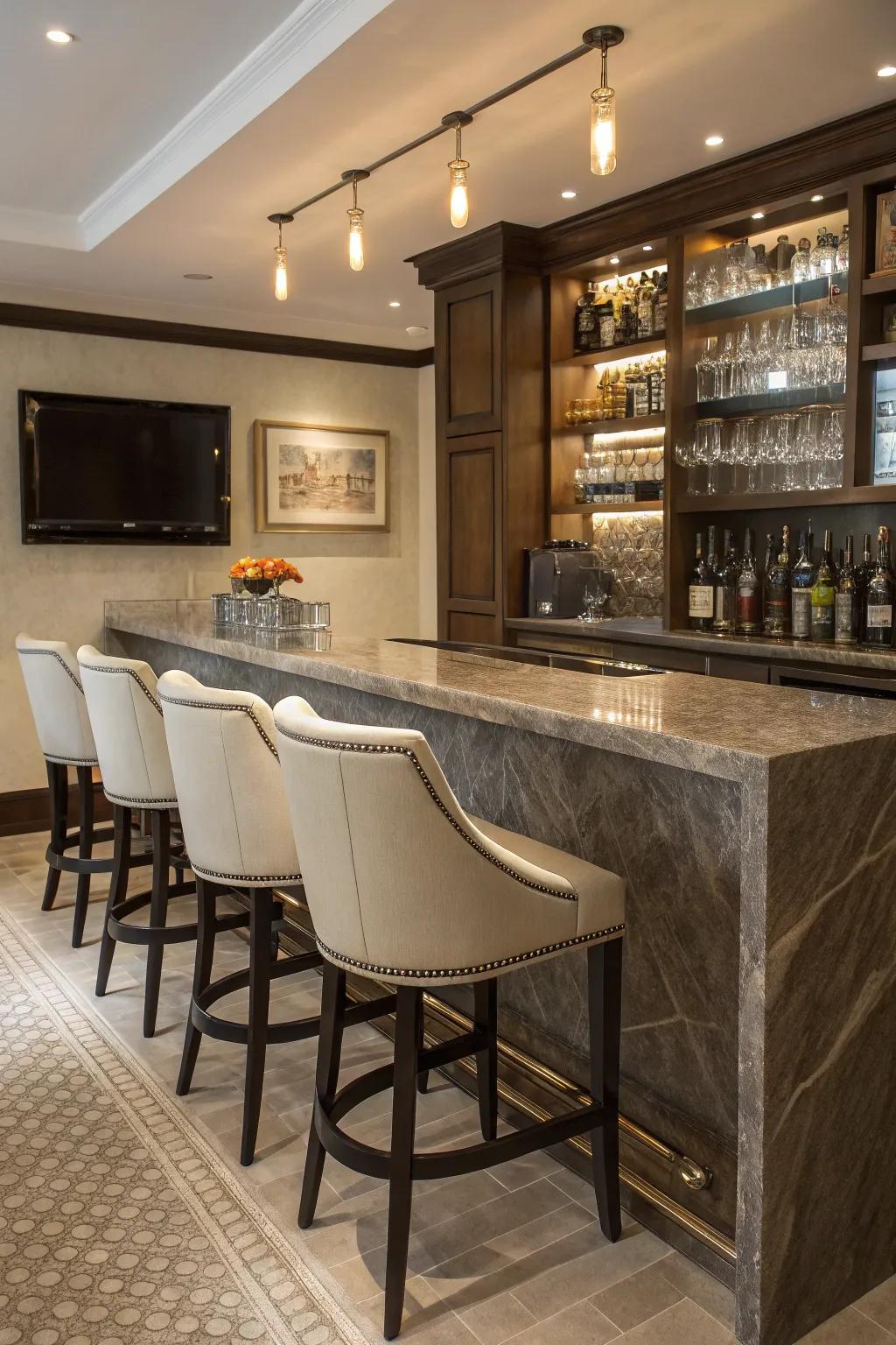 Stone countertops add elegance to any home bar setup.