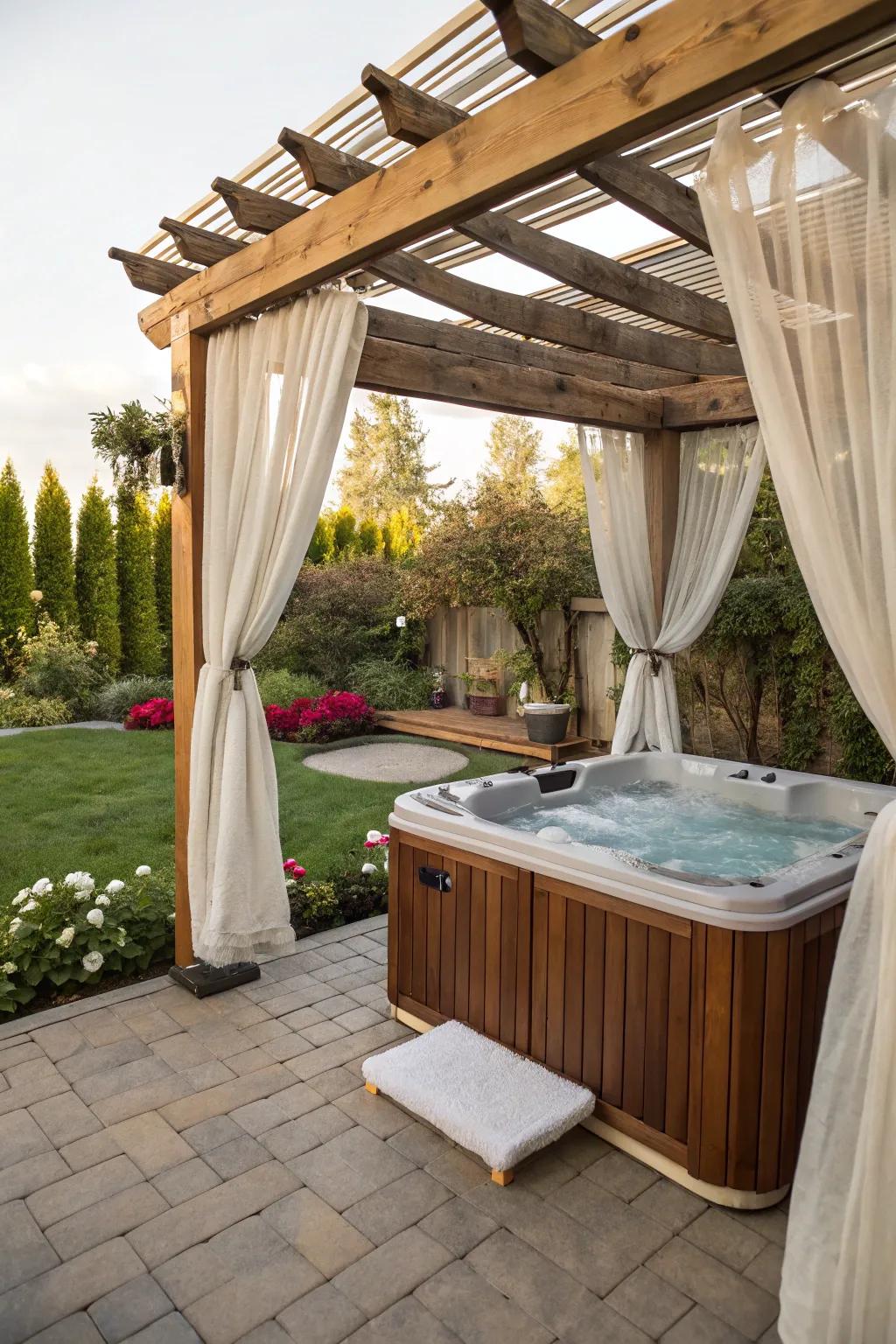 A pergola with drapes creates an intimate hot tub setting.