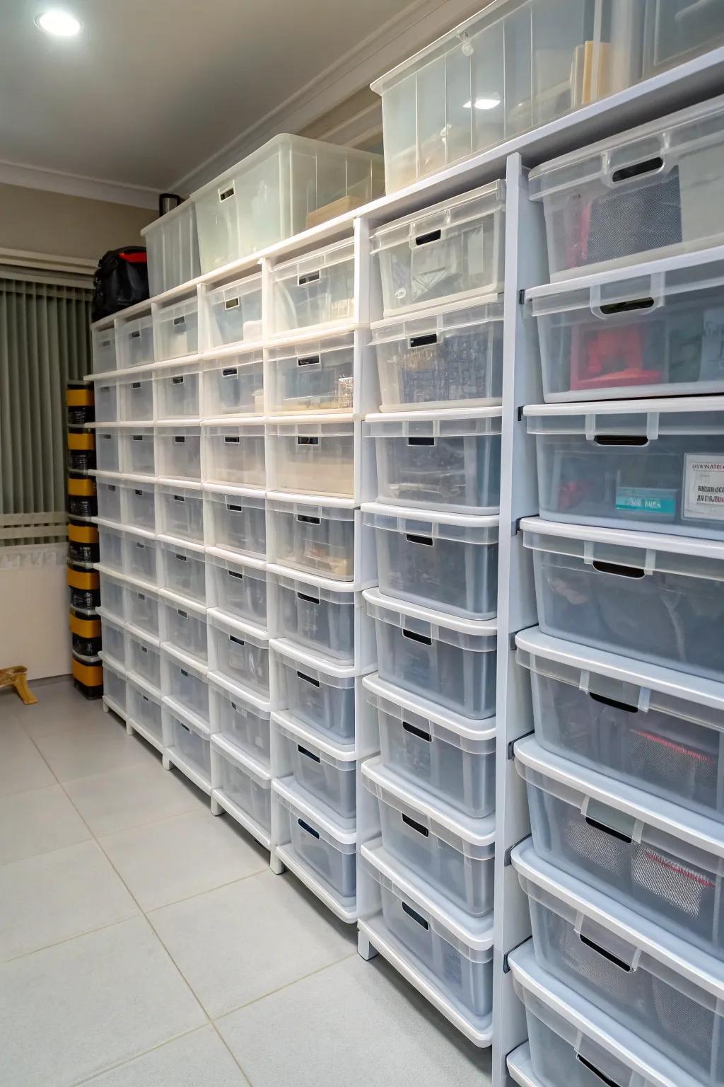 Clear bins offer a quick visual inventory of your stored items.