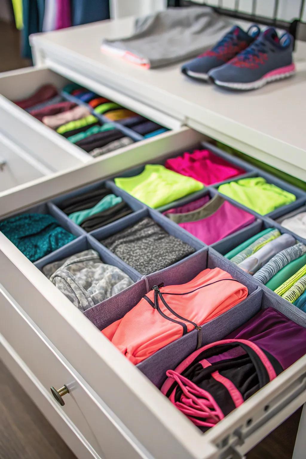 Drawer dividers keeping workout clothes neatly separated.