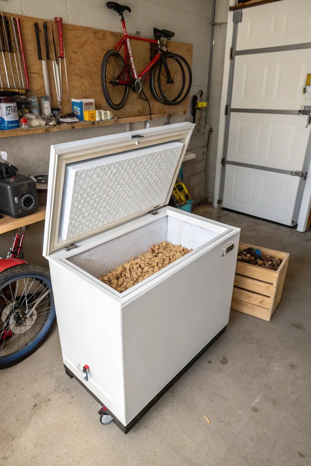 An old chest freezer becomes a perfect airtight storage solution for wood pellets.