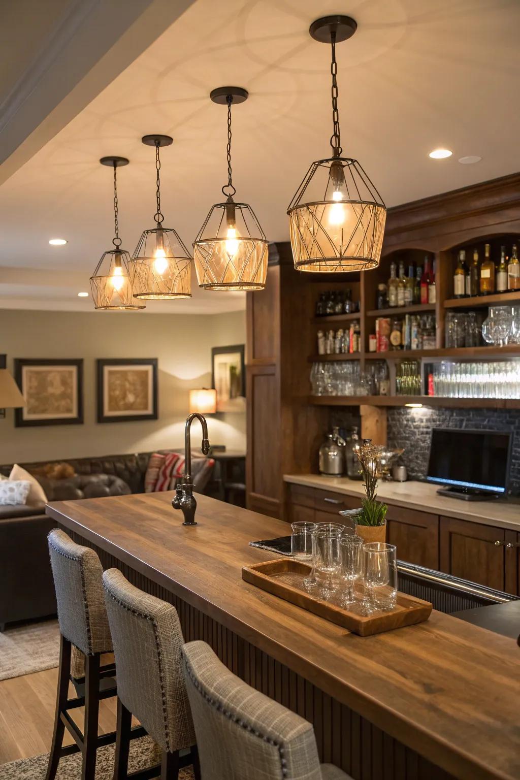 Pendant lights set the perfect mood for your home bar.