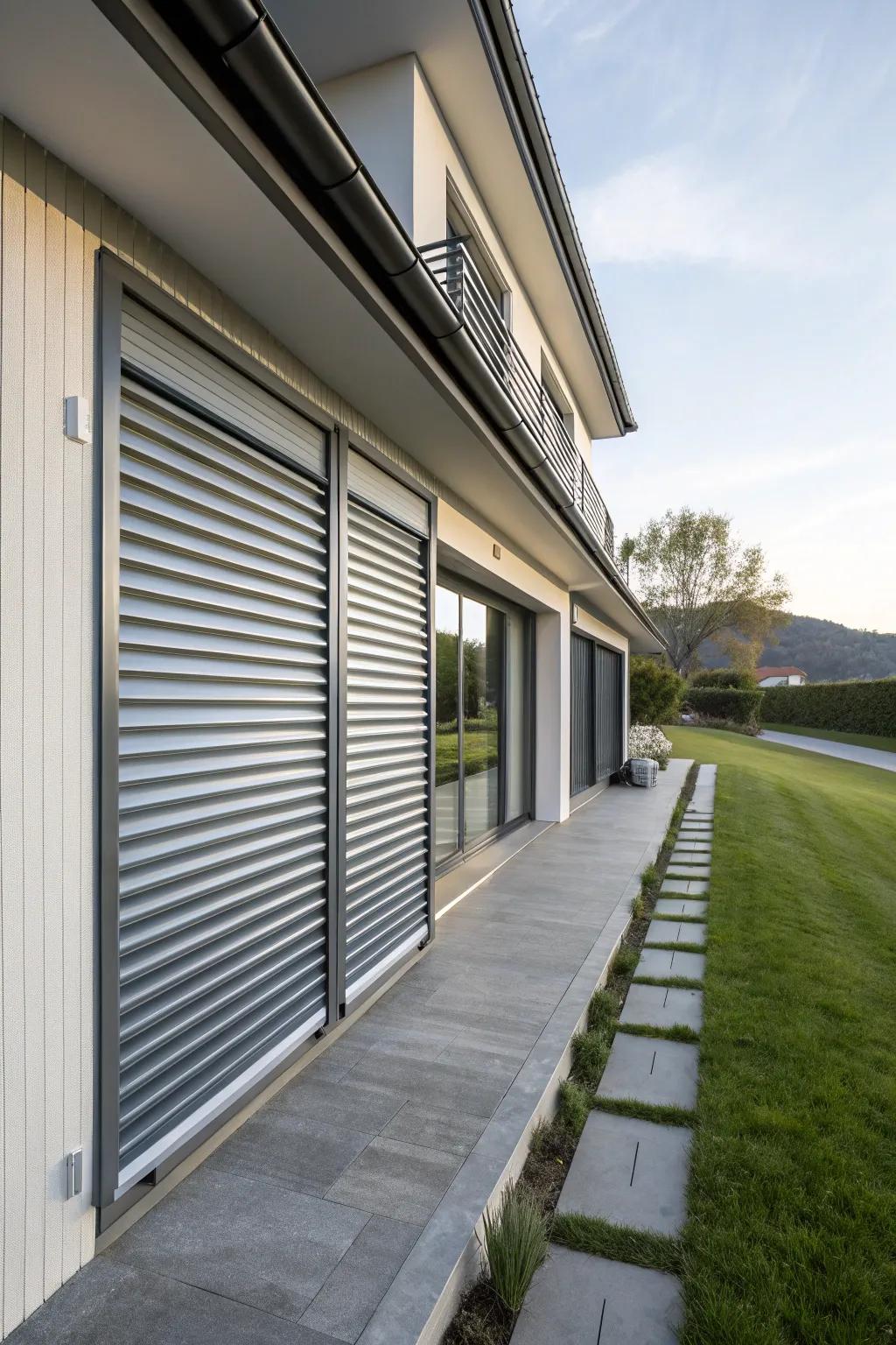 Sleek roll-down metal shutters provide easy operation and modern appeal.