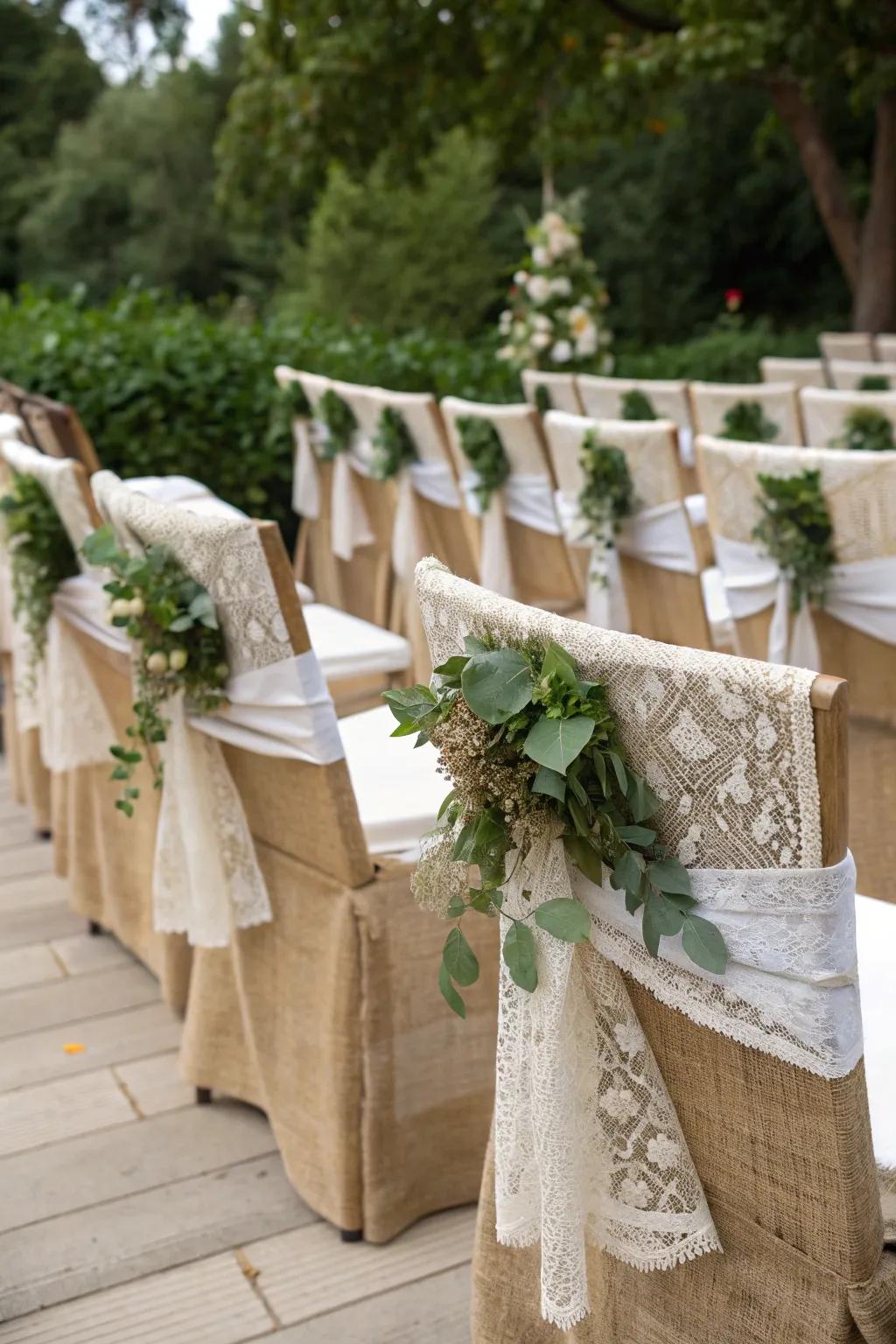 Countryside charm with hessian and fine netting highlights.