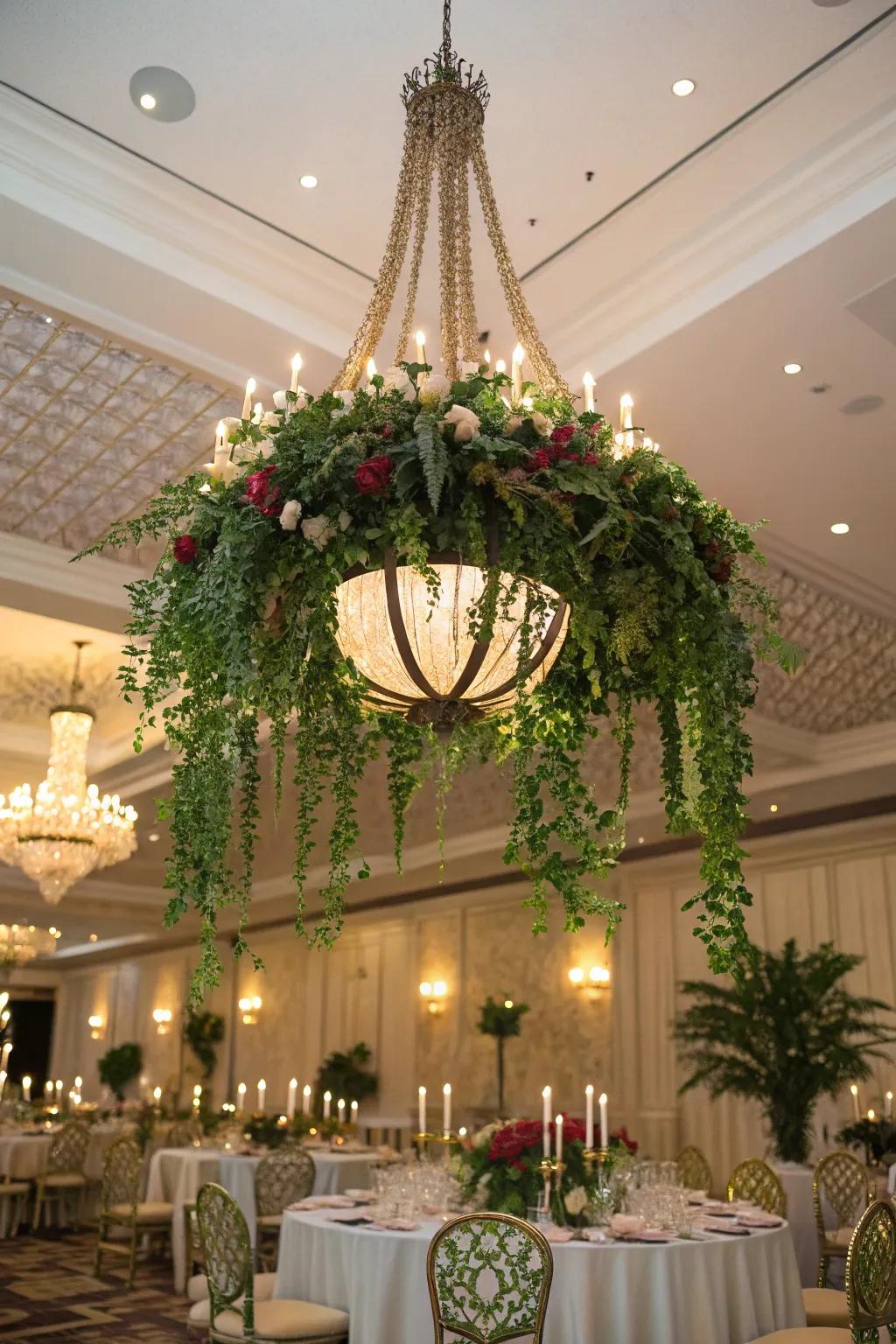 A majestic chandelier embellished with verdure appends sophistication.