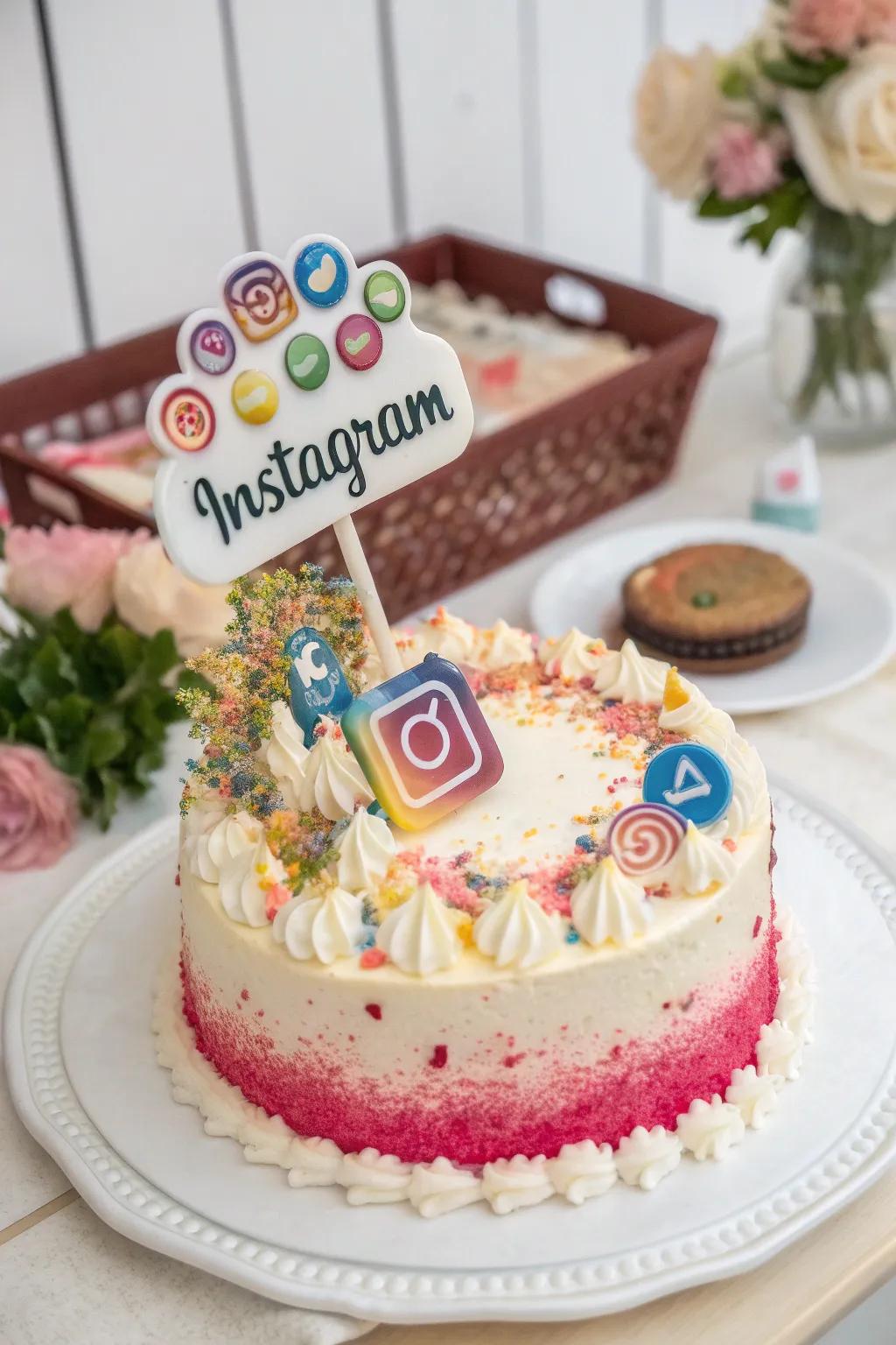 A show-stopping cake adorned with Instagram-inspired decorations.