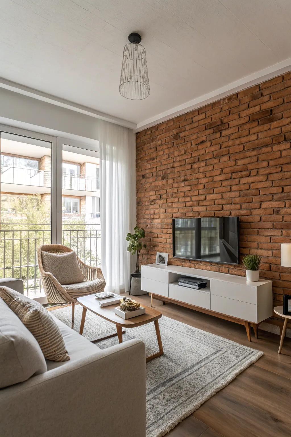 A modern living space showcasing a brick feature area, elevating the polished and chic design.