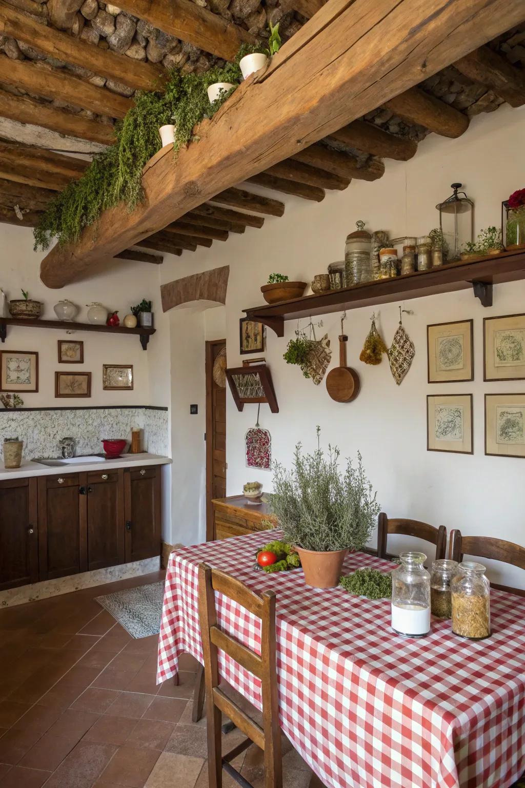 Visible wood beams offer a country appeal to this Italian kitchen.