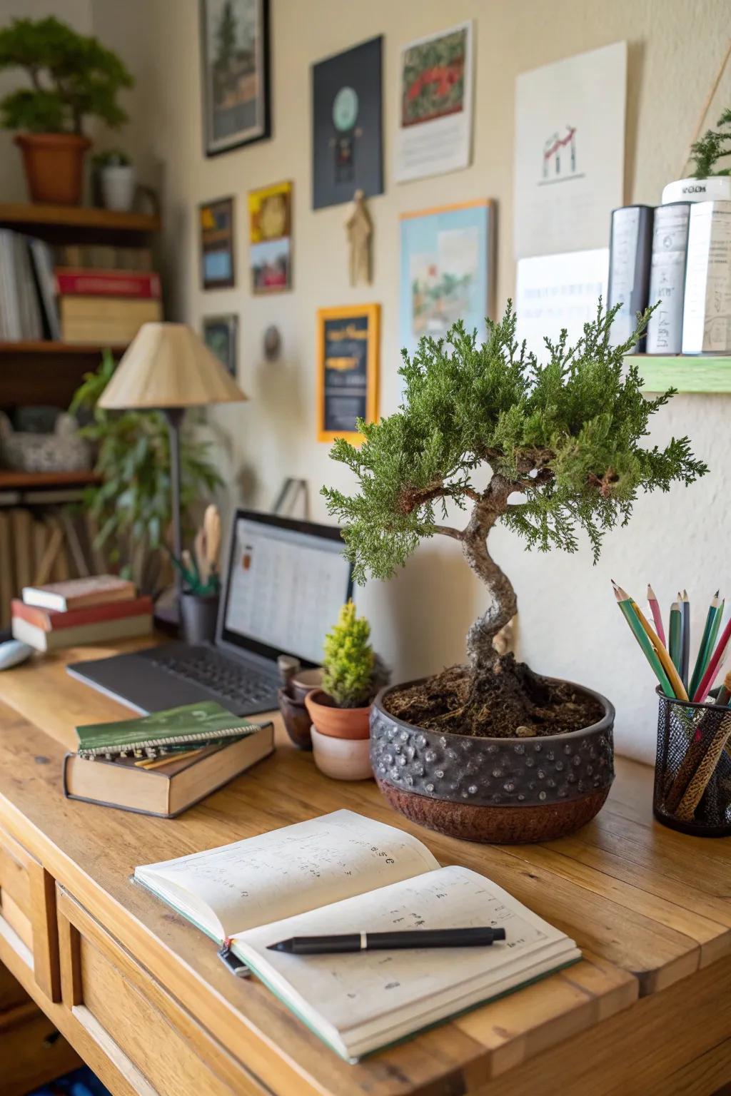 An informal upright juniper bonsai bringing warmth to a cozy home office.